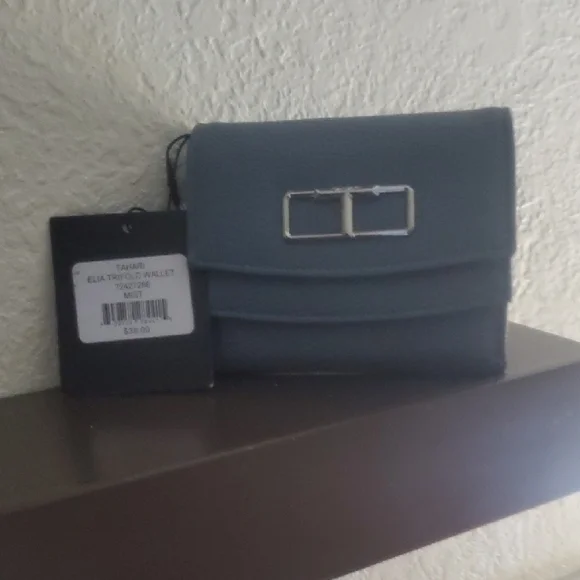 Tahari NWT Elia Trifold RFID Slate Blue Mist Wallet with Silver Hardware - Picture 2 of 5